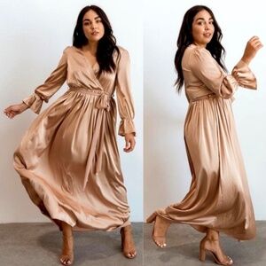 Baltic Born- Holly Faux Wrap Satin Maxi Dress Long Sleeve
